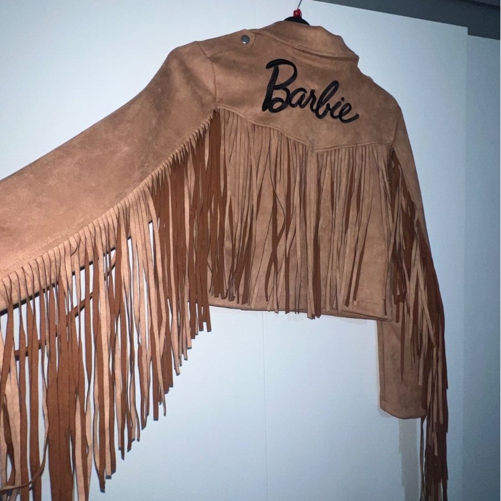 Barbie x Missguided Tan Faux Suede Logo Fringe Biker Jacket - Picture 2 of 6